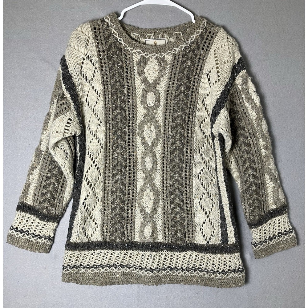 Vintage Express Cream Grey Open Cable Hand Knit Sweater Women's XS Wool Angora